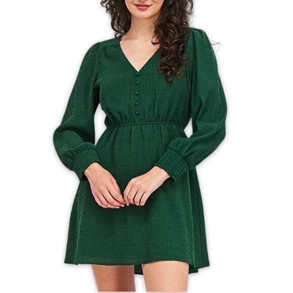 BB Dakota Mini Dress Textured Fabric Button Accent Long Sleeve Pull On Green W - Picture 1 of 10